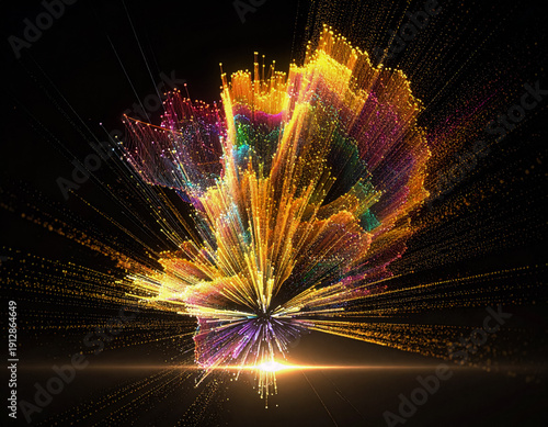 Captivating burst of colorful data streams against a dark backdrop with cinematic lighting