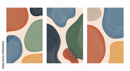 Set of three abstract wall art prints with organic shapes and hand drawn lines in earthy tones