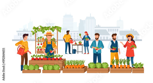 People shopping and working at a vibrant farmers market in a city