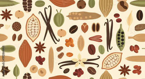 Seamless pattern of assorted spices and cocoa beans