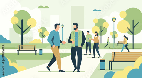 People enjoying a walk and conversation in a vibrant urban park.