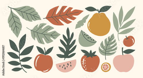 Boho botanical fruit and leaf pattern illustration