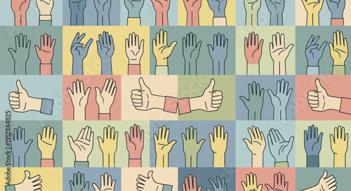 Many hands raised and thumbs up symbols against a colorful background.