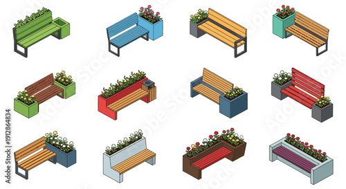 Isometric park benches in various colors with floral arrangements