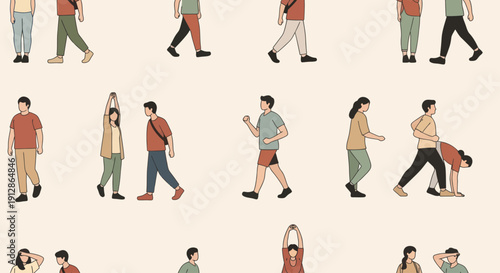 Flat illustration pattern of diverse people walking and exercising