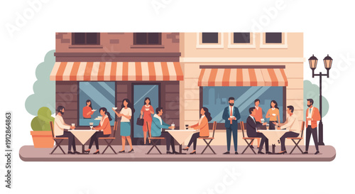 Flat vector illustration of people dining at an outdoor street cafe