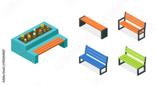 Isometric park furniture set including benches and a raised flowerbed