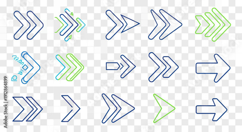 Set of blue and green directional arrow line icons on transparent background