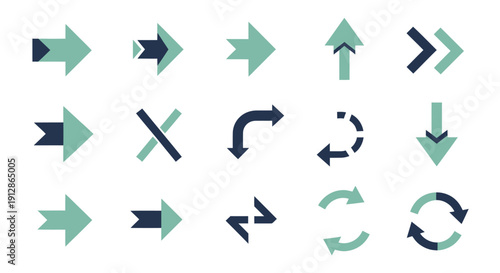 Collection of directional arrows and symbols on a white background.