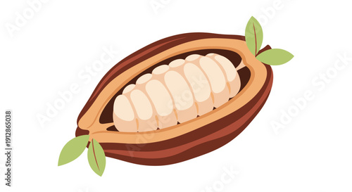 Open cocoa pod with raw cacao beans and leaves, vector illustration.