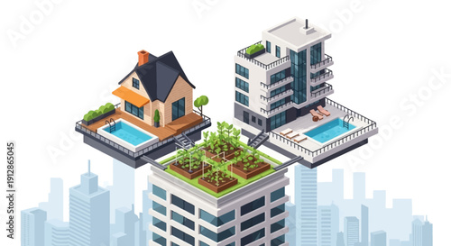 Isometric illustration of modern buildings with rooftop gardens and swimming pools