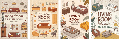 Stylish living room furniture packages in warm colors and modern designs.