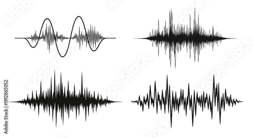 Abstract waveforms and sound visualizations presented in black and white