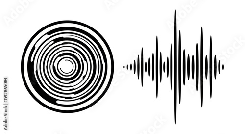 Black and white illustration of a spiral and sound wave pattern