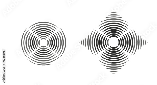 Two abstract geometric shapes composed of concentric curved lines