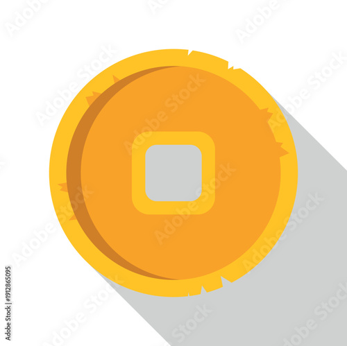Golden chinese feng shui coin with square hole representing wealth and luck