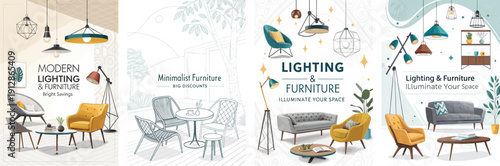 Stylish living spaces featuring modern lighting and furniture designs for any decor.