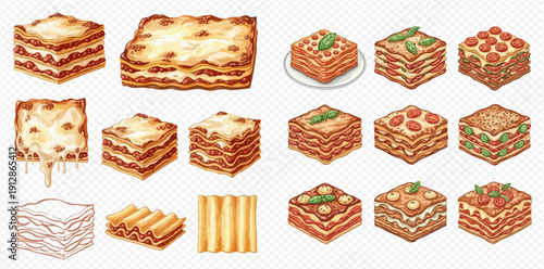 Delicious lasagna variations and ingredients set, including traditional, cheesy, and pasta sheets, perfect for Italian cuisine designs.