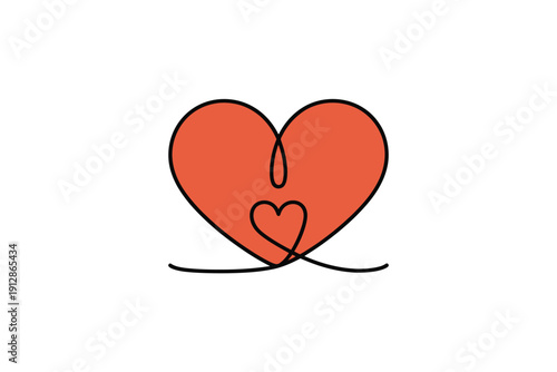 Continuous line drawing depicts one large heart containing a smaller heart.