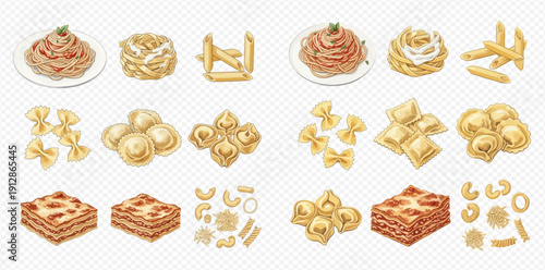Various types of Italian pasta and dishes including spaghetti, lasagna, ravioli, and farfalle, isolated on a transparent background.