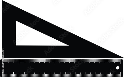 Silhouette of triangle ruler and straight measuring scale for geometry, drafting, education, and technical drawing in black vector illustration format