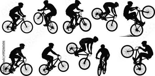 Silhouettes of BMX and freestyle cyclists performing stunts, wheelies, and jumps, dynamic biking action vector illustration set