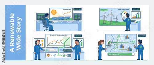 Vector illustration set of a renewable energy control center monitoring solar output, wind generation, combined power feed, and smart grid stability for sustainable clean energy management.
