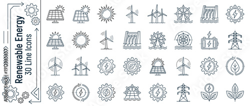 Set of 30 Renewable Energy Line Icons Featuring Solar Panels, Wind Turbines, Hydroelectric Dams, Green Power, Sustainable Technology, Eco-Friendly Energy Sources, and Clean Electricity Symbols.