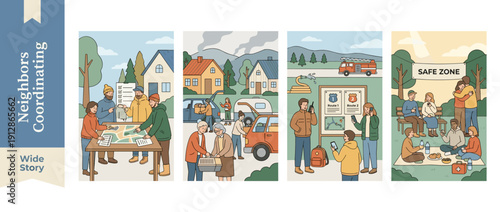 Set of 4 Vector Illustrations of Neighbors Coordinating Wildfire Evacuation and Safety Plan; Community Emergency Preparedness, Packing Cars, Checking Routes, and Reaching a Safe Zone Together.