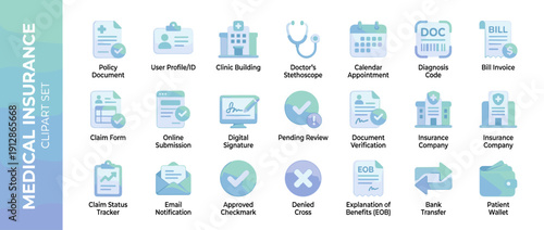 Medical Insurance Claim Process Icon Set with 20 Soft Gradient Vector Icons for Healthcare Policy, Billing, Hospital, Stethoscope, Digital Signature, Insurance Verification, and EOB Documents.
