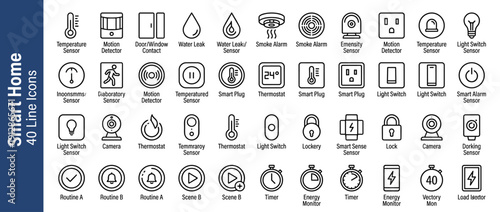 Set of 40 Smart Home Line Icons for IoT Automation and Security; Featuring Sensors for Temperature, Motion, Smoke, Water Leak, Cameras, Locks, Thermostats, Smart Plugs, and Energy Monitoring.