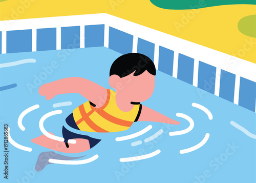 Cartoon Vector of a little boy swimming in the pool Illustrator Artwork Creative Design Template 