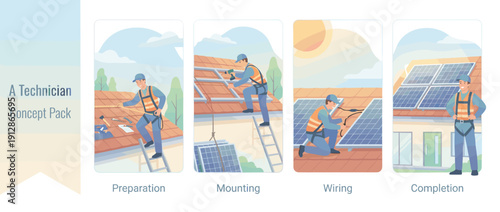 Set of Four Vector Illustrations Showing the Step-by-Step Process of a Professional Technician Installing Solar Panels on a Residential Roof, from Preparation and Mounting to Wiring and Completion