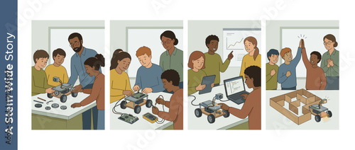 Diverse group of students and teachers in a STEM classroom working together to build, program, and test a robotic car with sensors, navigating a cardboard maze in a four-panel vector story.