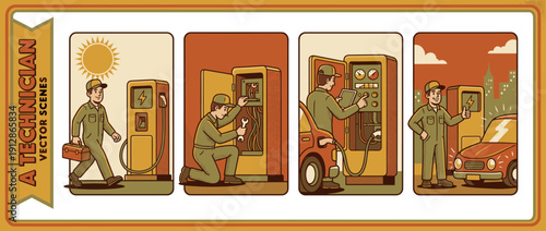 Retro vector illustrations of a professional technician in a green uniform servicing an electric vehicle charging station, repairing wiring, testing with a tablet, and a successful car charge.