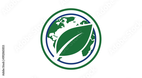 Green Leaf Icon with Earth Globe and Blue Ring on White Background