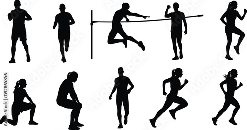 Silhouettes of athletes performing various sports and exercise movements, dynamic fitness and physical activity vector illustration set