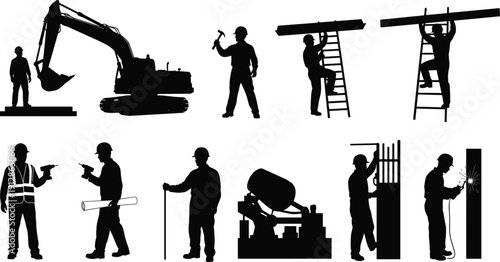 Silhouettes of construction workers using tools, machinery, and safety gear representing building tasks, labor roles, and industrial worksite themes