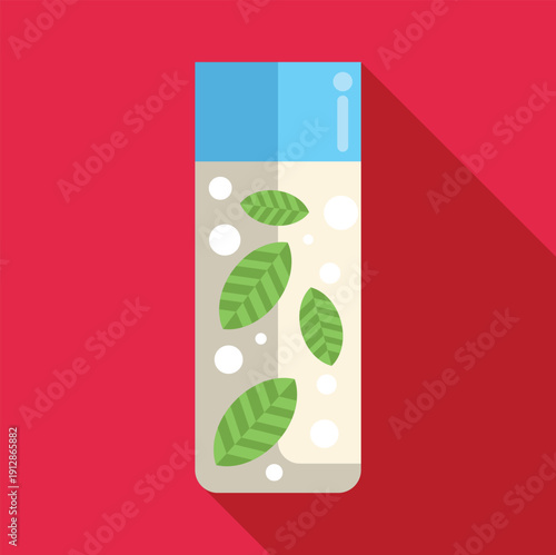 Tall glass of minty beverage with bubbles and a blue top on a red background