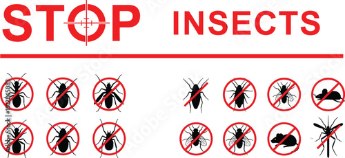 Stop insects sign, pest control symbols, flies, mosquitoes, beetles, ants, prohibition circles, vector art, extermination graphic design