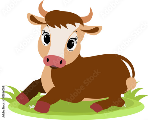 Farm Animals. Cute farm. A cute cow is lying in the meadow.  Collection of farm animals. Flat vector illustration. Isolated