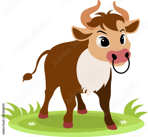 Farm Animals. Cute farm. A cute bull stands in the meadow.  Collection of farm animals. Flat vector illustration. Isolated