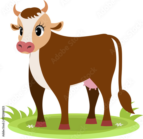 Farm Animals. Cute farm. A brown cow is standing in a meadow.  Collection of farm animals. Flat vector illustration. Isolated