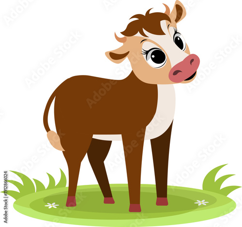Farm Animals. Cute farm. A surprised calf stands in a meadow.  Collection of farm animals. Flat vector illustration. Isolated