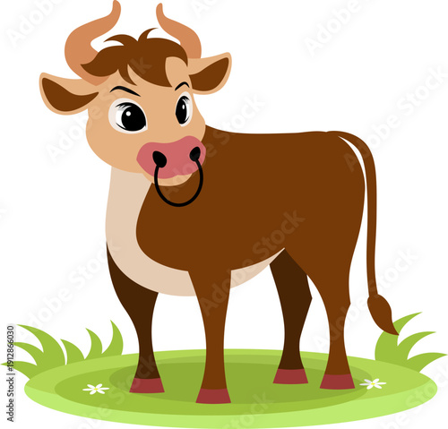 Farm Animals. Cute farm. A serious bull stands in the meadow.  Collection of farm animals. Flat vector illustration. Isolated