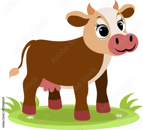 Farm Animals. Cute farm. A cheerful cow stands in a meadow. Collection of farm animals. Flat vector illustration. Isolated