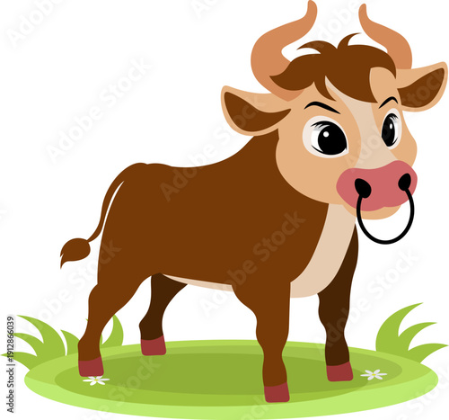 Farm Animals. Cute farm. A brown bull stands in a meadow.  Collection of farm animals. Flat vector illustration. Isolated