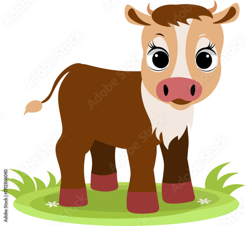 Farm Animals. Cute farm. A small calf stands in a meadow. Collection of farm animals. Flat vector illustration. Isolated