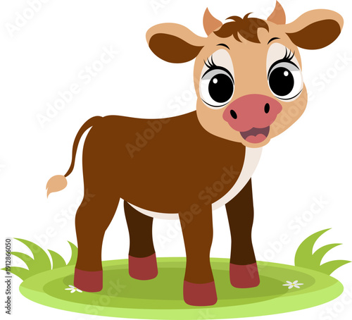 Farm Animals. Cute farm. A brown surprised calf stands in a meadow.  Collection of farm animals. Flat vector illustration. Isolated
