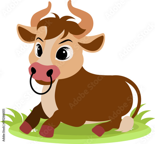 Farm Animals. Cute farm. A brown bull lies in a meadow.  Collection of farm animals. Flat vector illustration. Isolated